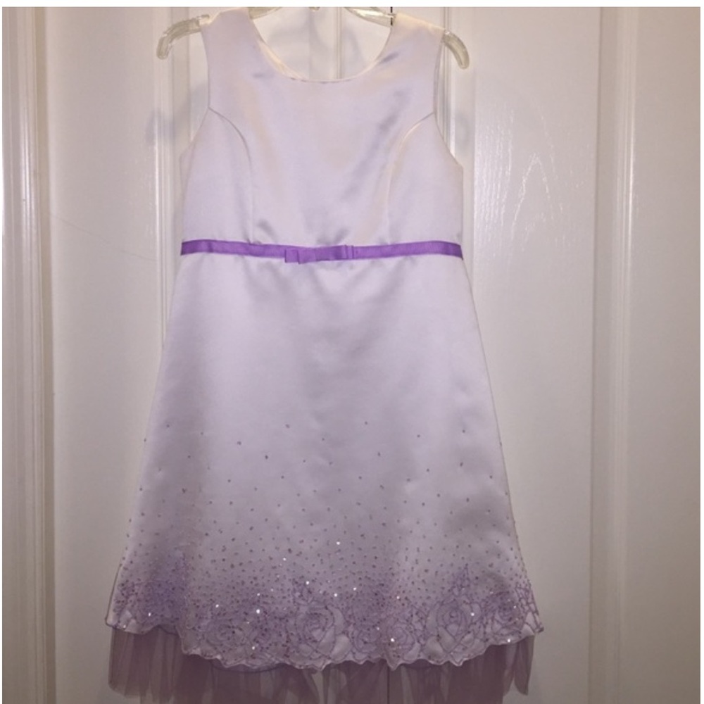 Girls 14 white satin bead purple tulle dress EUC